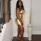 Bronzing Color Tube Top Waist Tight Hip Bag Irregular Asymmetric Spaghetti Strap Dress Women